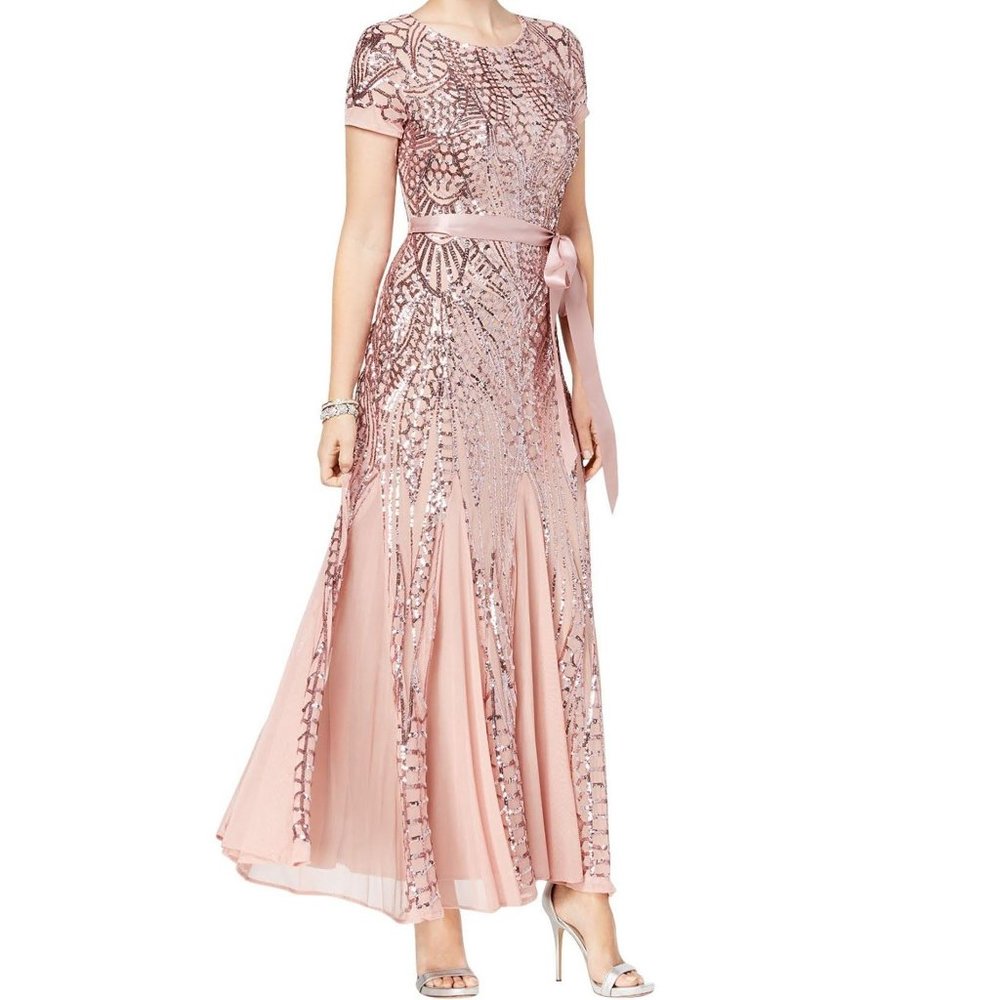 NWT R & M Richards Sequin-Embellished Pleated Gown